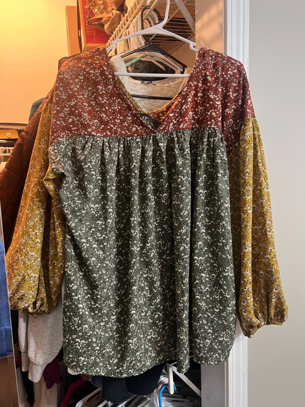 Boho Floral Tiered Peasant Top in Olive, Rust & Mustard